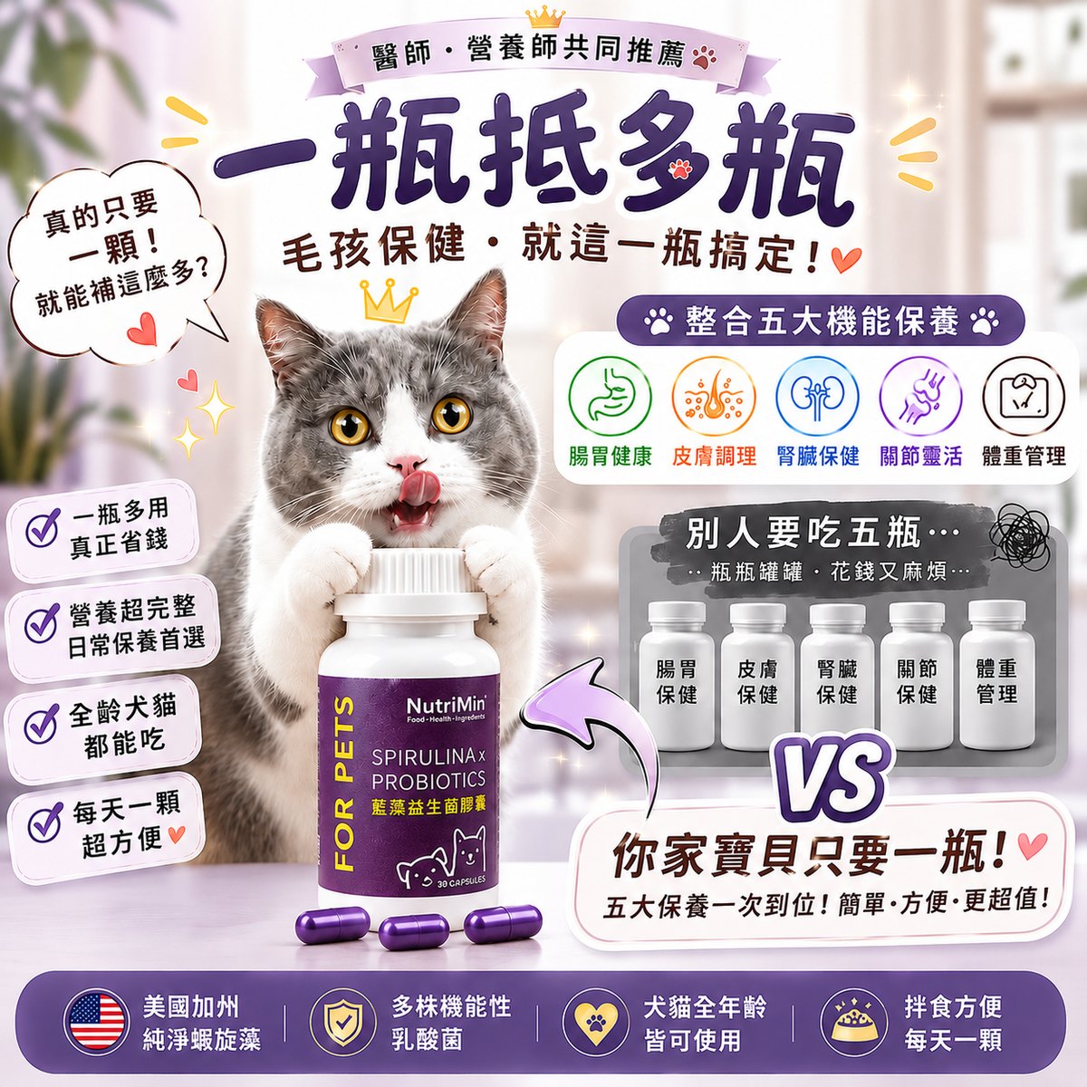 金牌鏟屎官藍藻益生菌膠囊：一瓶整合五大日常保養，取代五瓶單方保健品